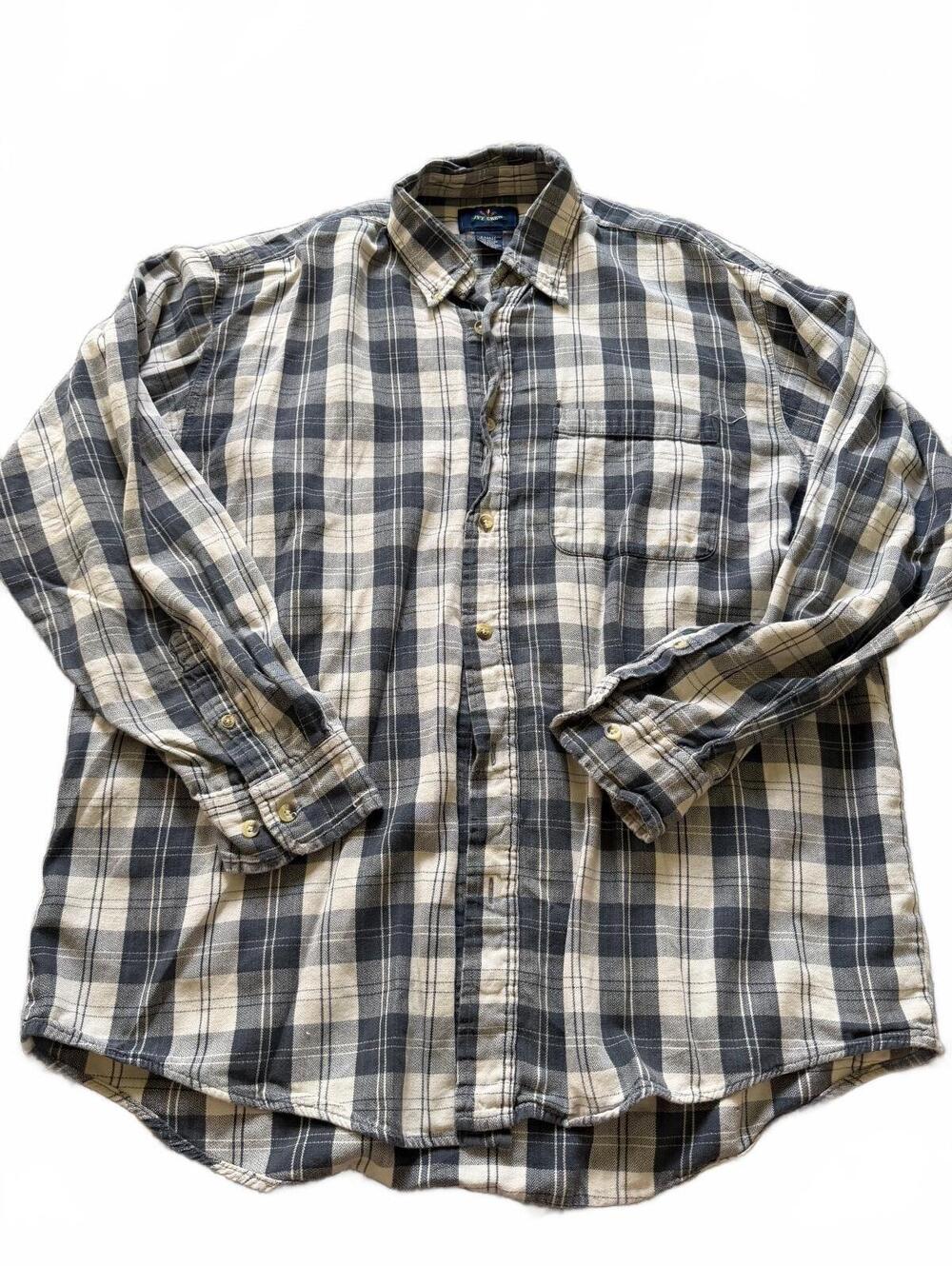 Ivy Crew Mens XL Gray Cream Plaid Flannel Shirt Distressed Grunge Workwear